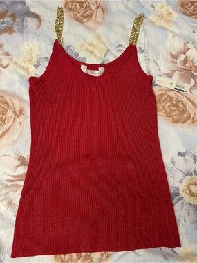 No Boundaries Red Ribbed Tank with Gold Chain Accent